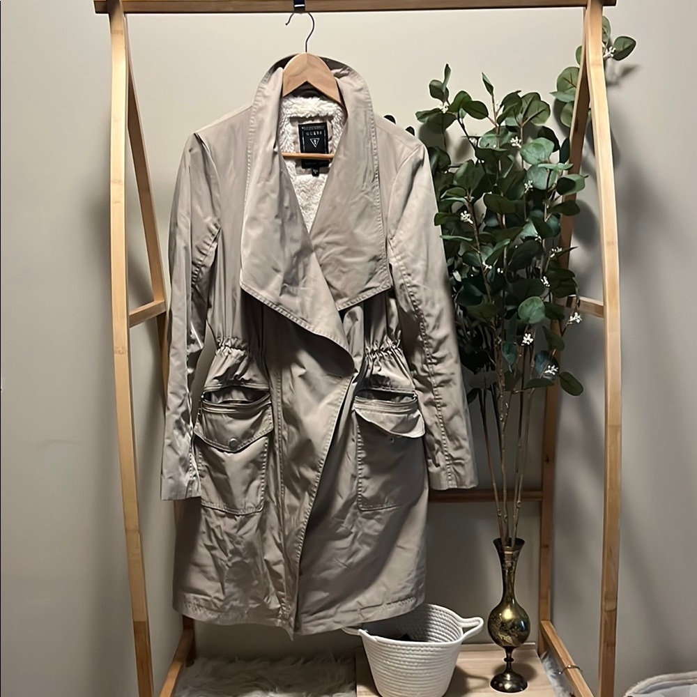 Guess Used Tan Drawstring Waist Lined Trench Coat
